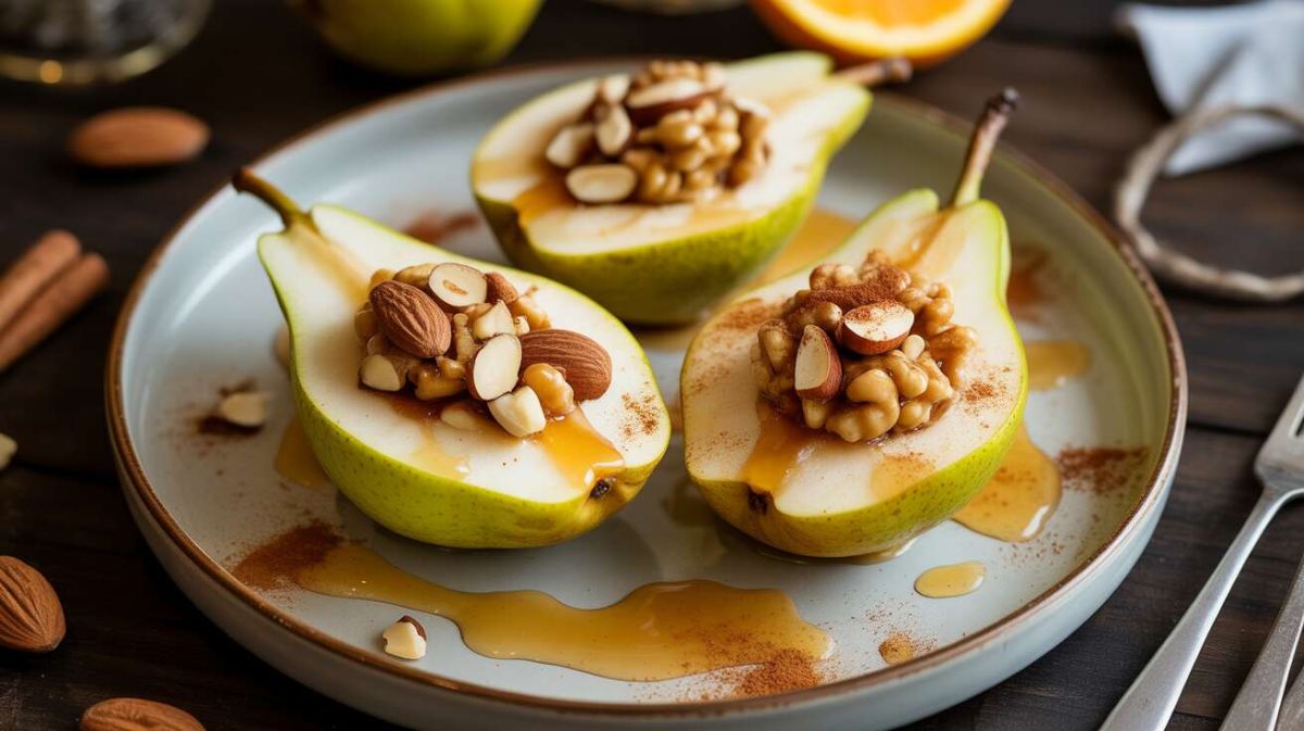 Poires légères farcies aux noix et amandes, sauce à l’orange