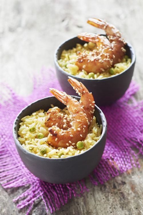 Riz à poêler basmati au safran et gambas marinées à la sauce soja