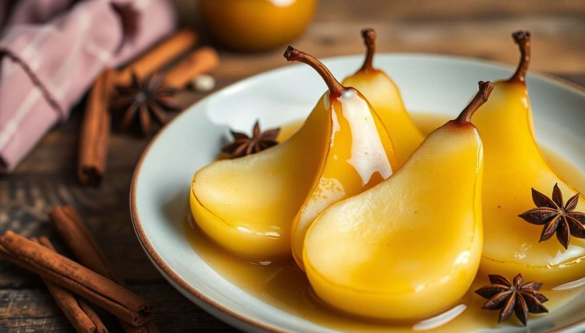 Recette de poires pochées au miel et aux épices